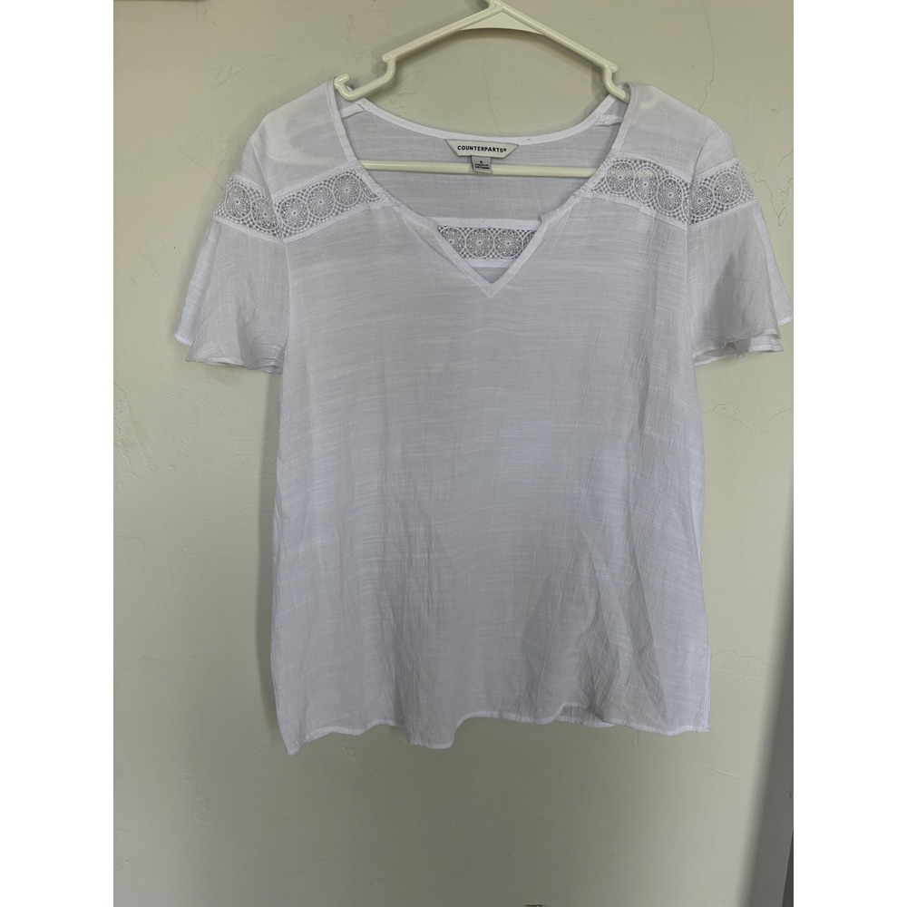 Counterparts Womens White Crochet Lace Trim Short Sleeve Blouse Top Small